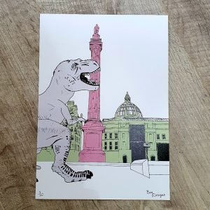 an A4 print of the Earl Grey Monument in Newcastle upon Tyne with a casual T Rex dinosaur strolling by! A contemporary print that will fit a standard A4 frame