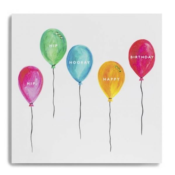 A white square card with an image of 5 watercolour painted balloons on it. In the centre of each of the balloons are the words spelling out 'Hip Hip Hooray Happy Birthday'