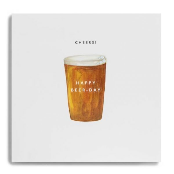 A square card with a watercoloured painting of a pint of beer in the centre of the card. The words Cheers Happy Beer-day are printed on the card and it is finished off with 2 little diamante jewels on the top of the beer.