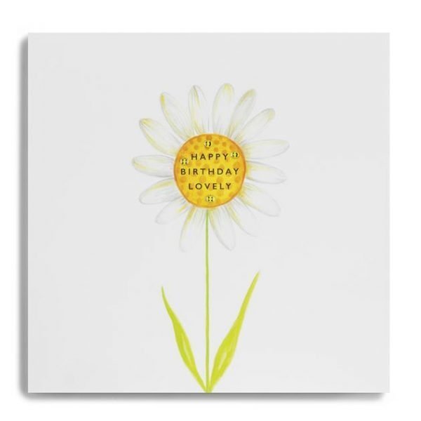 A square card with an image of a painted daisy on it. In the centre of the flower are the words Happy Birthday Lovely.