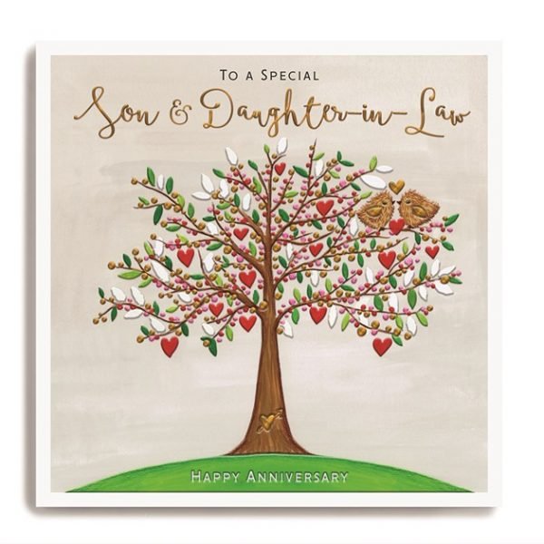 A square card with a grey background and a large image of a tree with hearts and love birds in it. The words To a Special Son and Daughter in Law printed on it.