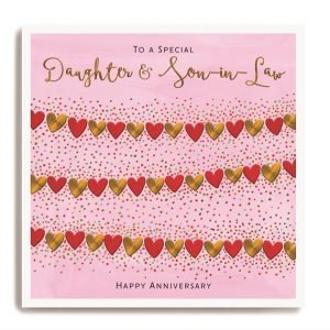 A square card with a pink background and a heart shaped bunting design across it.