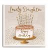 A square card with a grey backgrouns and a large birthday cake with loads of candles. The words Lovely Daughter are embossed and printed in a gold shimmer effect.