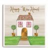 A square card with an image of a colourful house with a spotty roof and lovely matching trees either side of it. The words Happy New Home are embossed and printed with a gold shimmer effect.