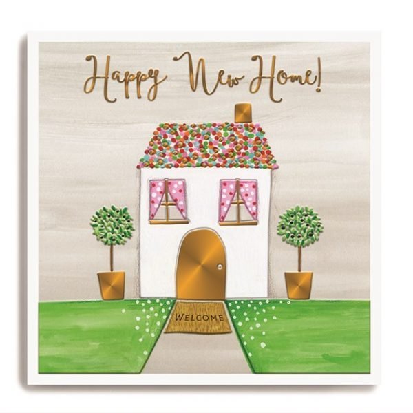 A square card with an image of a colourful house with a spotty roof and lovely matching trees either side of it. The words Happy New Home are embossed and printed with a gold shimmer effect.