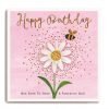 A lovely square card with a pink background and an image of a lovely daisy with a bee on it. The words Happy Birthday Bee sure to have a lovely day are printed on the card.