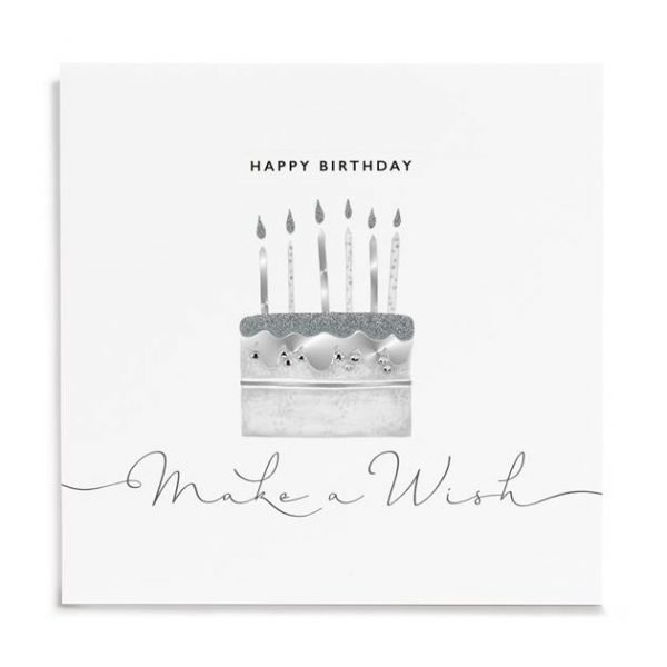 A white square card with an image of a grey and silver cake with candles. The image has been finished off with little diamante jewels and the words Happy Birthday Make a Wish are also printed on the card.