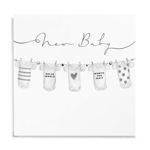 A white square card with an image of a washing line with little baby clothes hanging on it. The words New Baby are printed on the card.