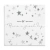 A white square card that has grey and silver stars printed all over it. In the centre of the card is a small embossed area with the words Happy 21st Birthday printed on it and the words Have a Great day.