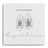 A white square card with an image of a pair of childrens shoes that are finished with little diamante. The words New Grandparents Congratulations are printed on the card