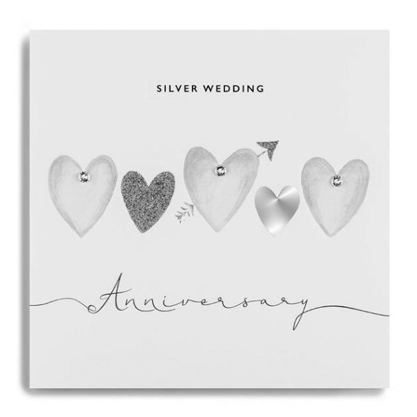 A white square card with images of grey and silver hearts printed on it are finished with little diamante. The Words Silver Wedding Anniversary are also printed on the card