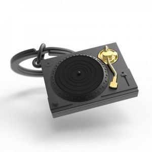 A grey and gold turntable keyring
