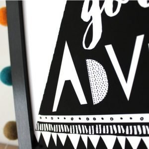 A black and white print with an image of a tent and the words Lets go on an adventure printed on it.