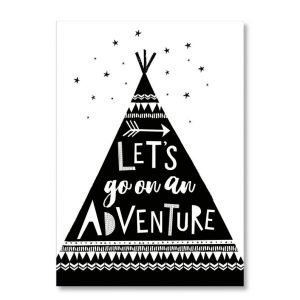 A black and white print with an image of a tent and the words Lets go on an adventure printed on it.