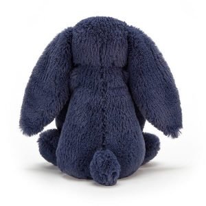 A navy blue fluffy bunny with floppy ears and little pink nose.
