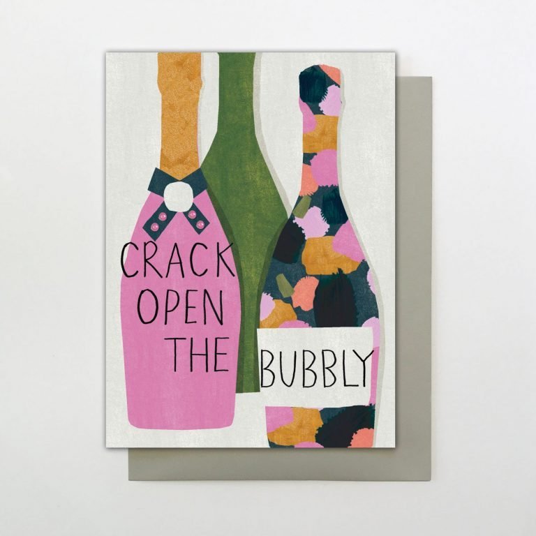 A card with an image of three bottles of champagne with colourful labels and the words Crack open the bubbly printed on them.