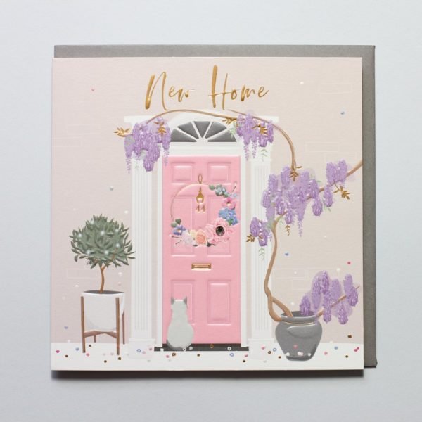 A luxurious new home card with embossing and foiled details. The image is of a pink front door with a wisteria plant and a cat