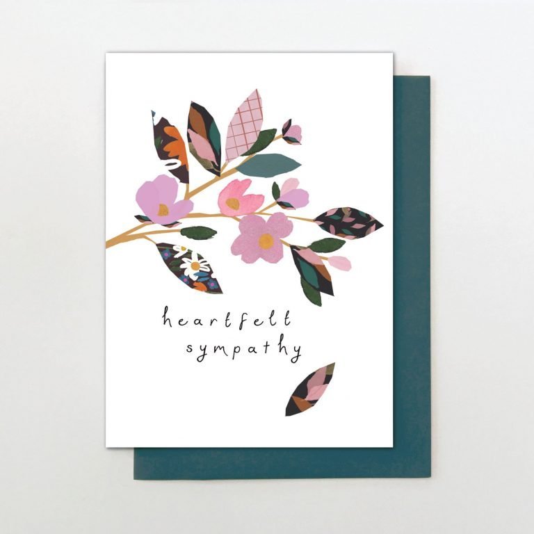 A lovely card from card designer Stop The Clock. An image of a branch with colourful patterned leaves on it. The words Heartfelt Sympathy are printed on the front of the card.