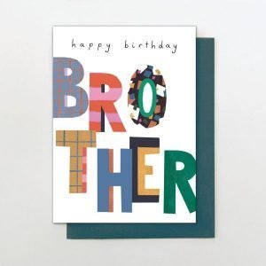 A colourful card from designers Stop The Clock. A white card with the word Brother printed in colourful patterned letters.