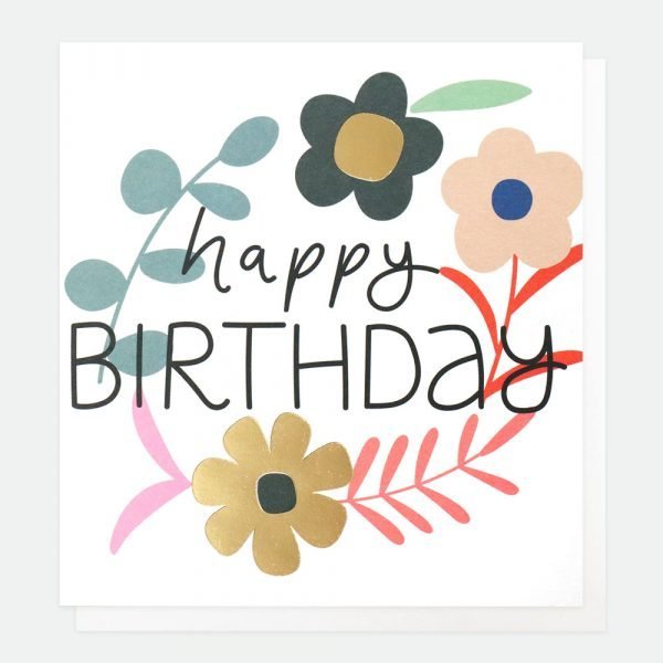 Flowers Happy Birthday Card. a birthday card with modern daisy flowers in navy blues, pinks and golds.
