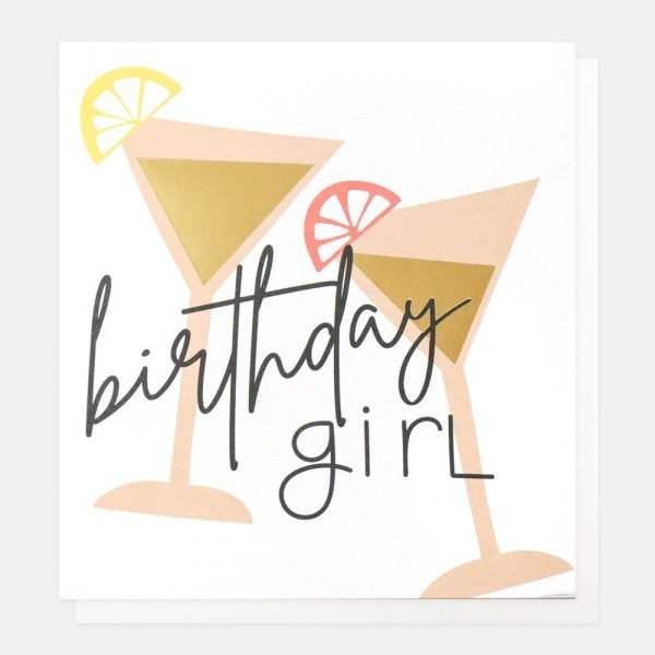 A bold colourful birthday card with two cocktails in pink and gold with birthday girl