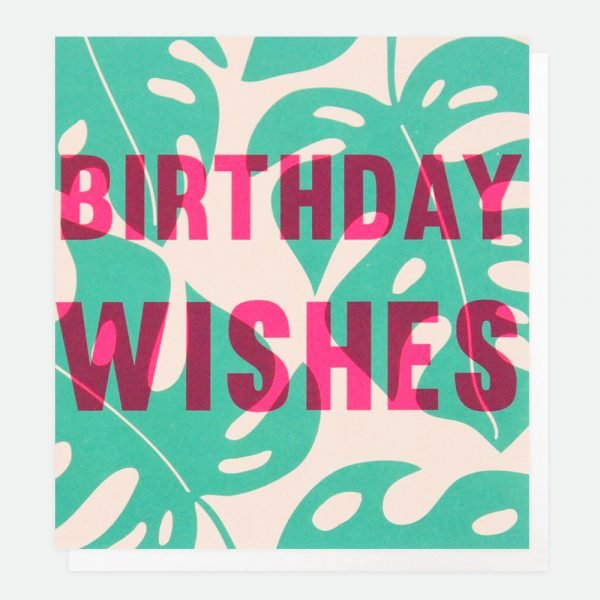 Celebrating the technique of Litho-printing, this card contrasts bold neon text reading birthday wishes in pink with a fun, patterned background.