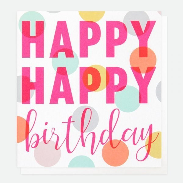 Celebrating the technique of Litho-printing, this card contrasts bold neon text reading Happy Happy birthday with a fun, spotty patterned background.