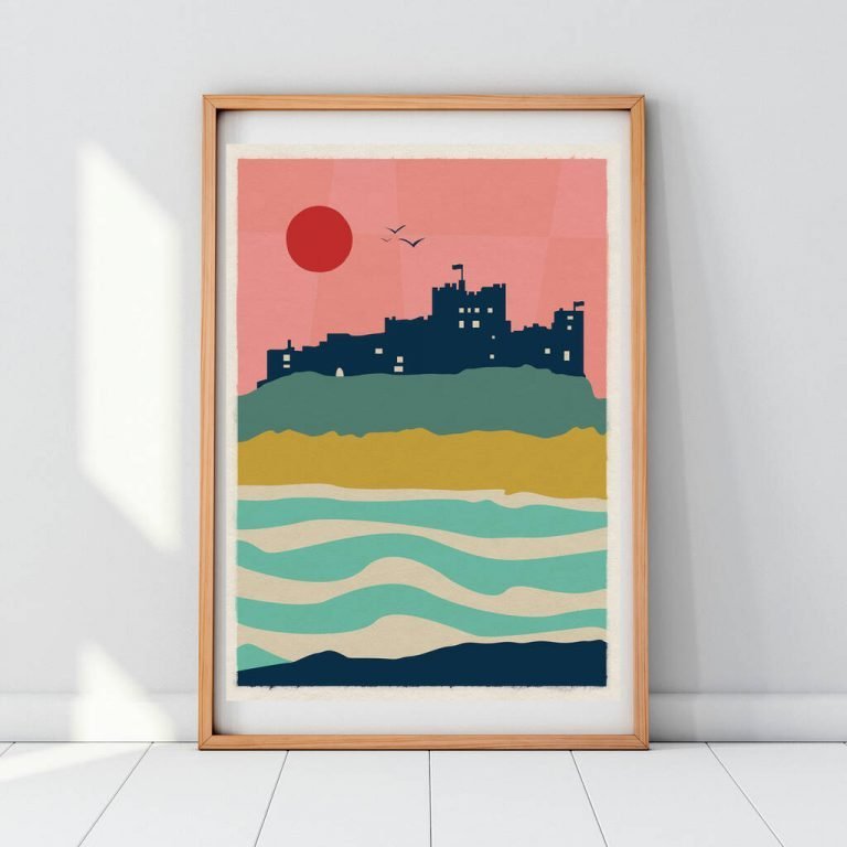 A colourful geometric print with Bamburgh Castle as the main focus. From local artis Gary WIlliams from the Left Hand Gang