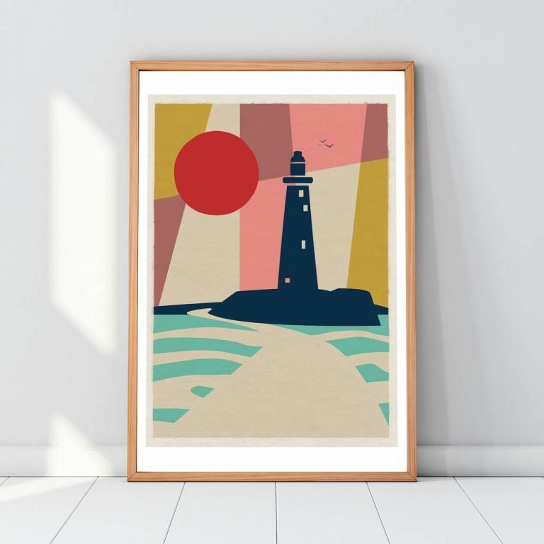 A colourful geometric print with St Mary's Lighthouse as the main focus. From local artis Gary WIlliams from the Left Hand Gang