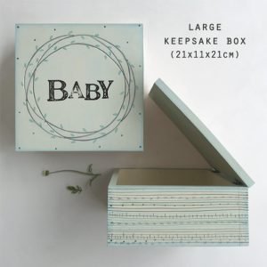 A gorgeous solid wooden box which has been painted pale blue and has a lovely circular leaf design and the word Baby printed in the centre of it.