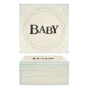 A gorgeous solid wooden box which has been painted pale blue and has a lovely circular leaf design and the word Baby printed in the centre of it.