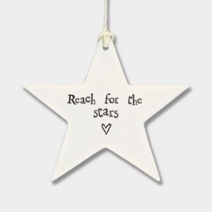 A lovely ceramic star hanging keepsake with the words Reach for the stars printed on it
