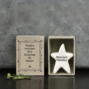 A cute little ceramic star keepsake in a mathcbox with the words Thanks teacher for helping me shine printed on it and Special teacher printed on the star