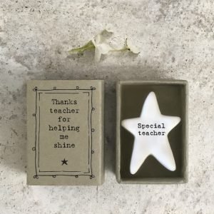 A cute little ceramic star keepsake in a mathcbox with the words Thanks teacher for helping me shine printed on it and Special teacher printed on the star