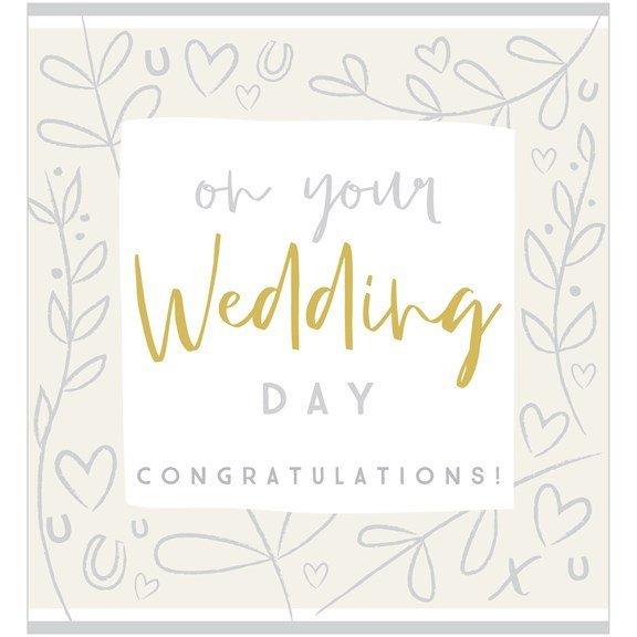 A silver and gold wedding card. With a silver border with a delicate leaf and heart pattern and a central white panel with the works on your wedding day congratulations. Wedding is in gold foil