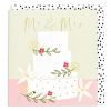 A wedding card with an illustration of a white 3 tier wedding cake decorated with flowers on a pink and natural background with Mr & Mrs written above the cake in gold