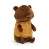 This little bear is a campfire critter from Jellycat. He has brown velvet fur and a sweet little yellow bodywarmer jacket.