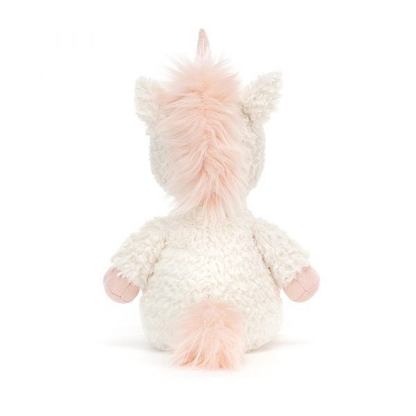 Sweet Flossie Unicorn is a cute little white toy with pink hooves horn and mane.
