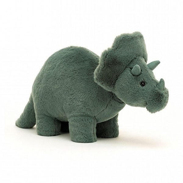 Fossily Triceratops is a cute cuddly dinosaur from Jellycat. His body is made from velvet green fur.