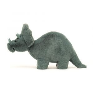 Fossily Triceratops is a cute cuddly dinosaur from Jellycat. His body is made from velvet green fur.