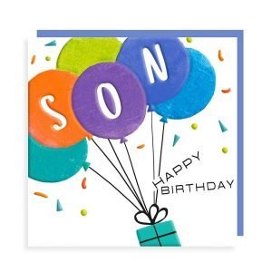 A white square card with an illustration of a present with balloons attached. The balloons are green, orange, purple, navy and blue. They have SON in white letters in three of them. Coloured specs decorate the background. The colours are vibrant with black gloss highlights and Happy birthday in black gloss print.