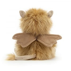 Gus Gryphon is a lovely furry mythical creature from Jellycat. A light brown fluffy furred animal with cute ears and tail and velvet soft wings.