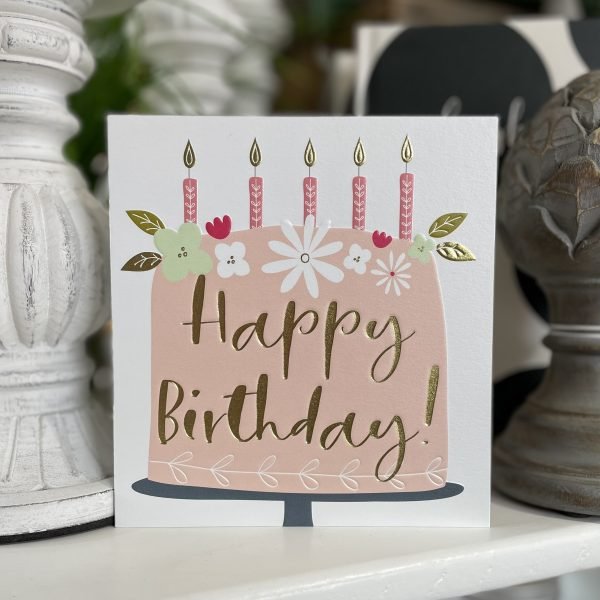 A lovely birthday card with a large pink cake on it and flowers and candles on the cake, with the wording Happy Birthday printed on it.