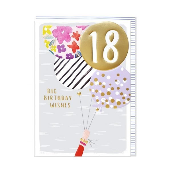 Big multi coloured balloons on a pale blue background. the balloons all have gold foil details and one has a big 18. the words read big birthday wishes
