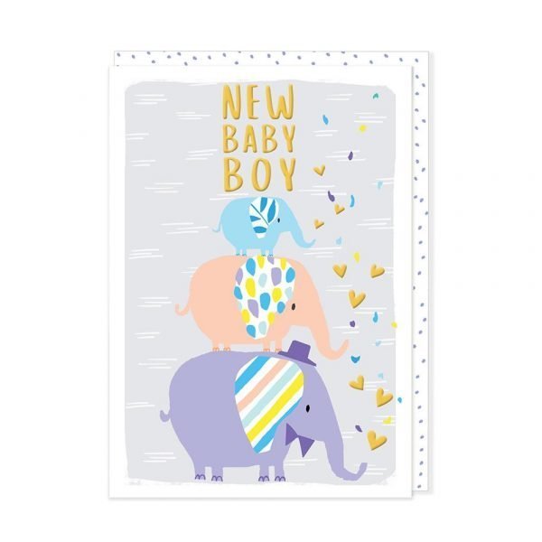 A new baby boy card with 2 cute elephants and lots of little hearts.