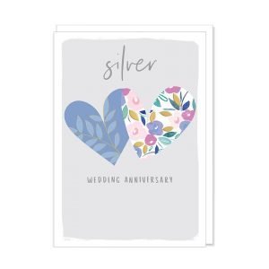 A silver wedding anniversary card with 2 hearts, one in bluether other in muted blues floral pattern on a grey background with silver wedding anniversary printed in silver