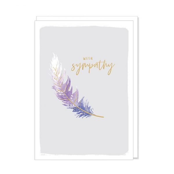 An elegant sympathy card with a purple and white feather on a lilac background and deepest sympathy printed in gold
