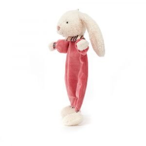A pink velvety new baby soother with a bunny head on it from Jellycat.