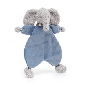A blue velvety new baby soother with an elephant head on it from Jellycat.