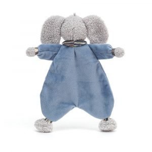 A blue velvety new baby soother with an elephant head on it from Jellycat.